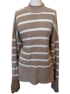 Womens Beige & White Striped Sweater Knit Mock Neck Pointelle Preppy Baggy Cozy